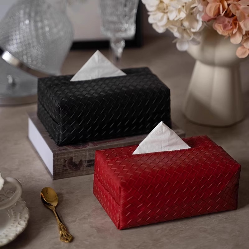 2025结婚客厅轻奢高级感编织纹皮质纸巾盒新款喜庆车载红色抽纸盒