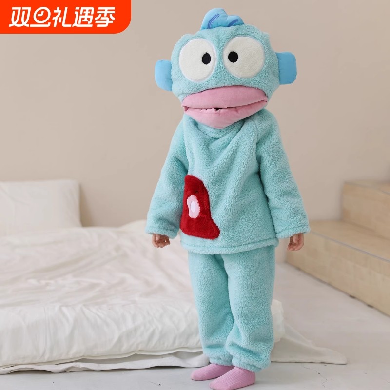 儿童丑鱼连体睡衣秋冬季珊瑚绒加厚睡袍卡通大嘴鱼搞怪家居服亲子