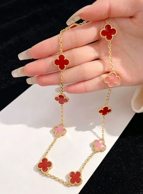 四叶草十花项链多色贝母双面锁骨链简约时尚百搭毛衣链黄金紫玉髓