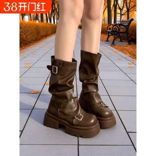棕色百搭厚底增高马丁靴女2025年新款春秋冬季复古美拉德中筒靴子