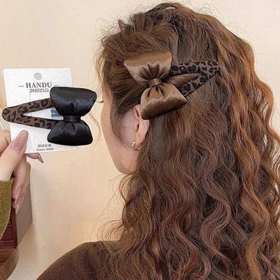 豹纹蝴蝶结边夹女中长发抓夹发夹黑棕色原创设计个性化发饰