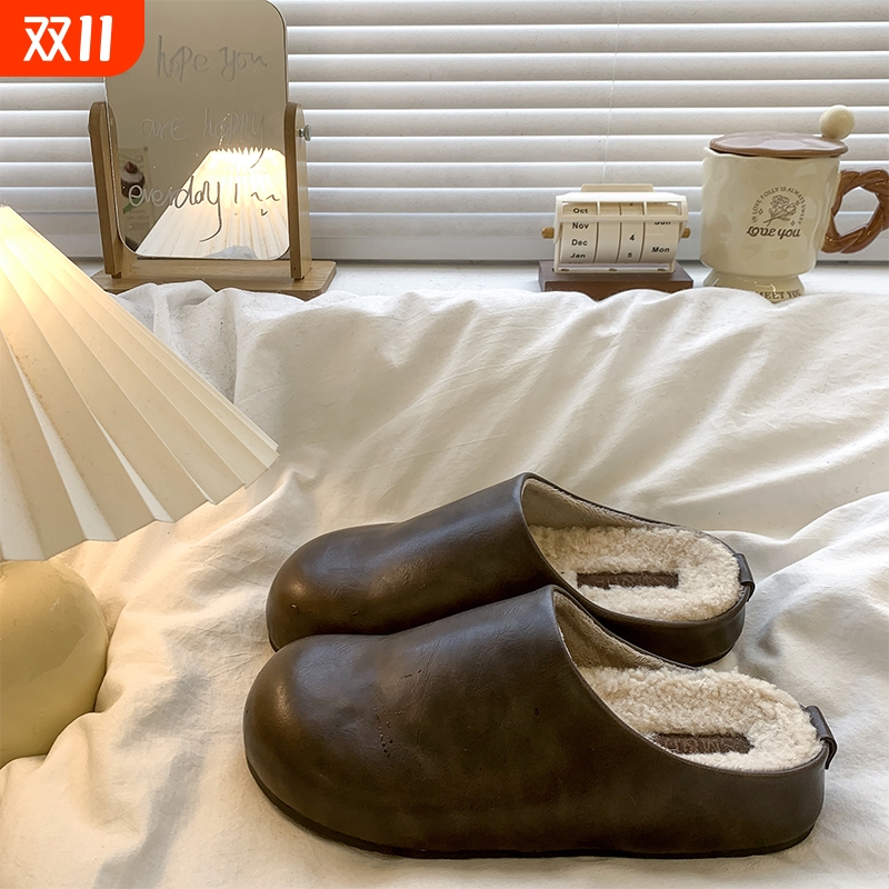 防水包头半拖鞋女秋冬外穿2025新款加绒百搭一脚蹬厚底勃肯棉拖鞋