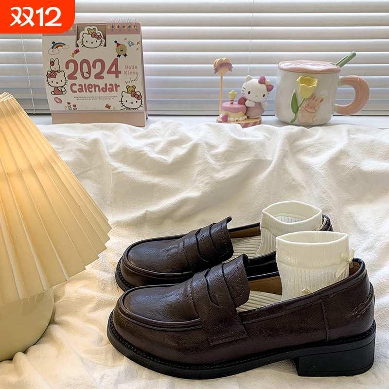 粗跟厚底乐福单鞋女2025春秋新款复古棕色英伦风一脚蹬通勤小皮鞋