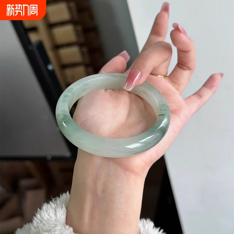 纯天然新疆天山翠手镯雪翠玉镯女款飘花金丝玉正品玉石圆条平安镯