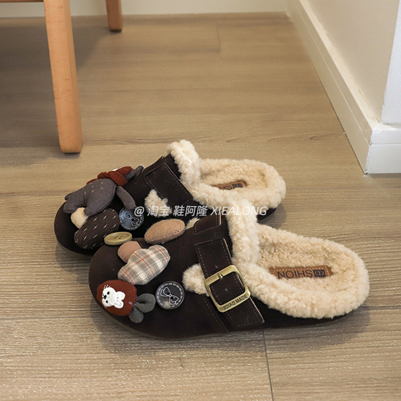 可爱卡通勃肯鞋女外穿2025冬新款一脚蹬加绒棉鞋厚底包头毛毛拖鞋
