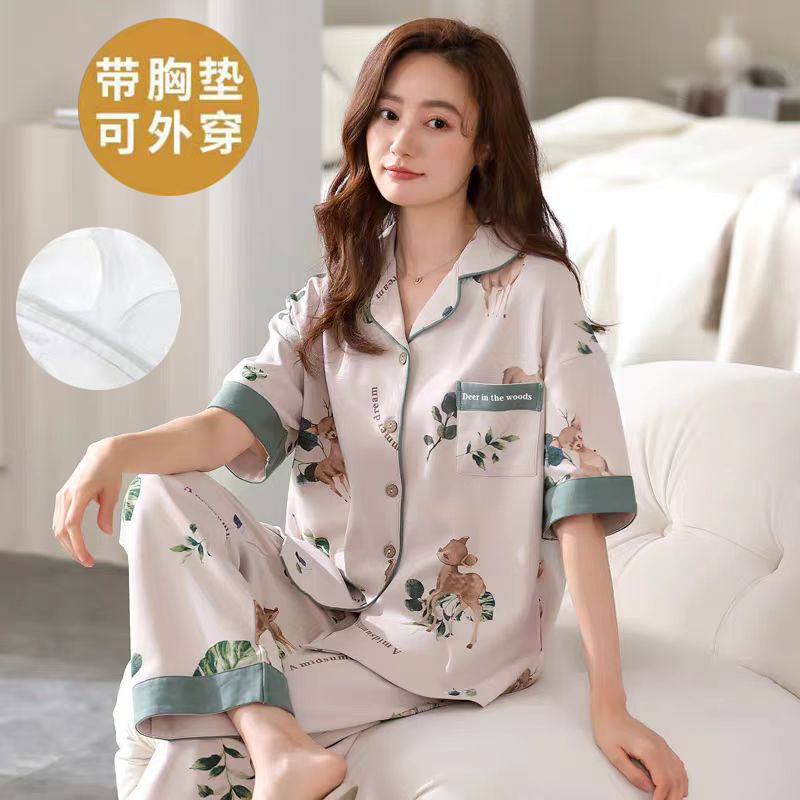 带胸垫睡衣女士夏季纯棉短袖长裤开衫套装2025新款家居服大码薄款