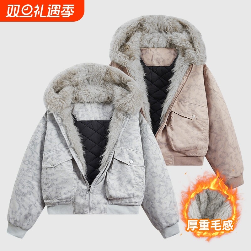 水曜日定休纹理帆布座山雕连帽棉服加绒加厚水洗男女同款夹克外套