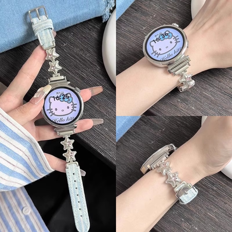 适用华为gt6/5手表带gt4新款星星金属拼牛仔watch3/4真皮高颜值女款41mm智能手表配件gt5pro帆布条纹轻奢