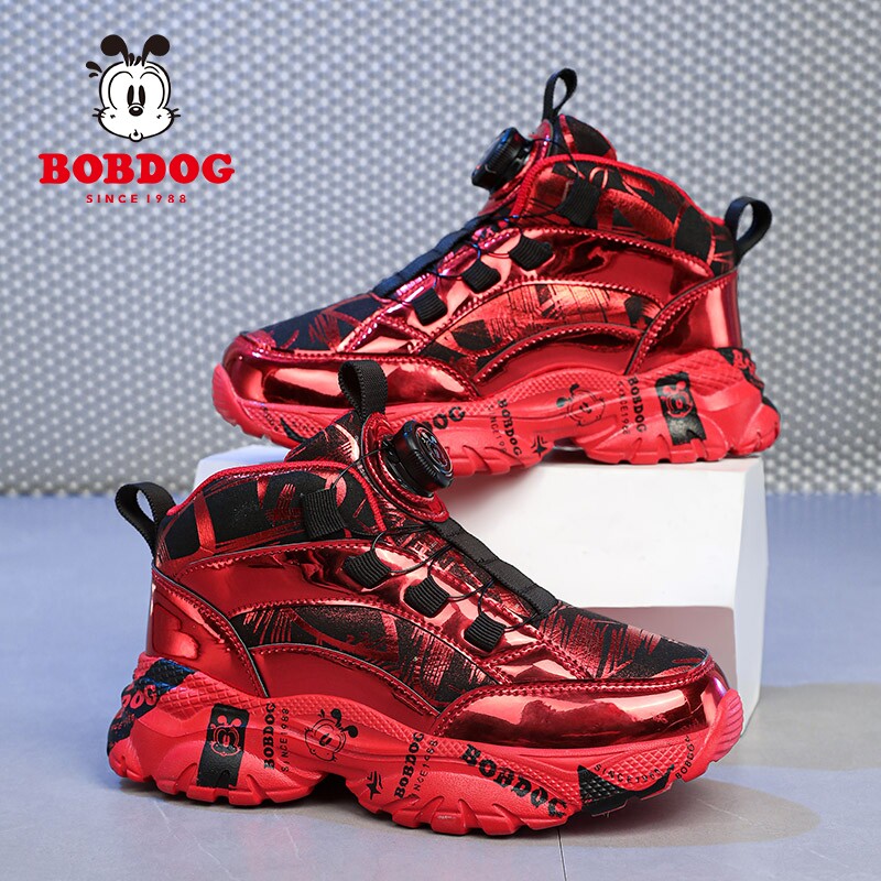 巴布豆男童棉鞋秋冬加绒保暖防水运动男孩红色儿童篮球鞋鞋子旋转