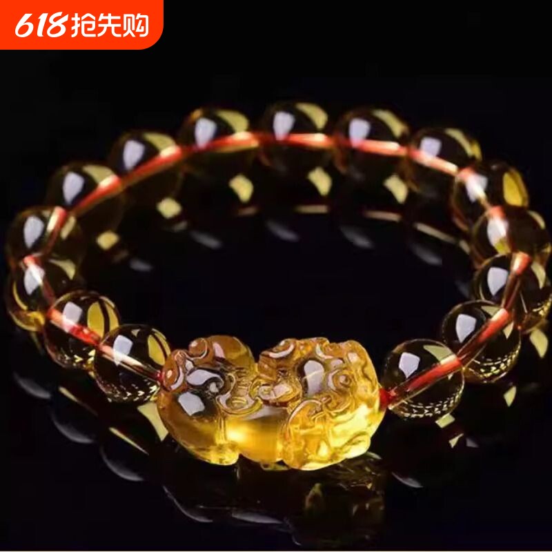 爆款仿黄水晶手链暴力黄男女貔貅手串原创款手链招财转运深黄送礼