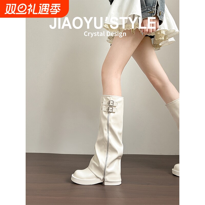 真皮~骄屿增高长筒靴2025新款辣妹骑士靴裤管靴女高跟白色黑色