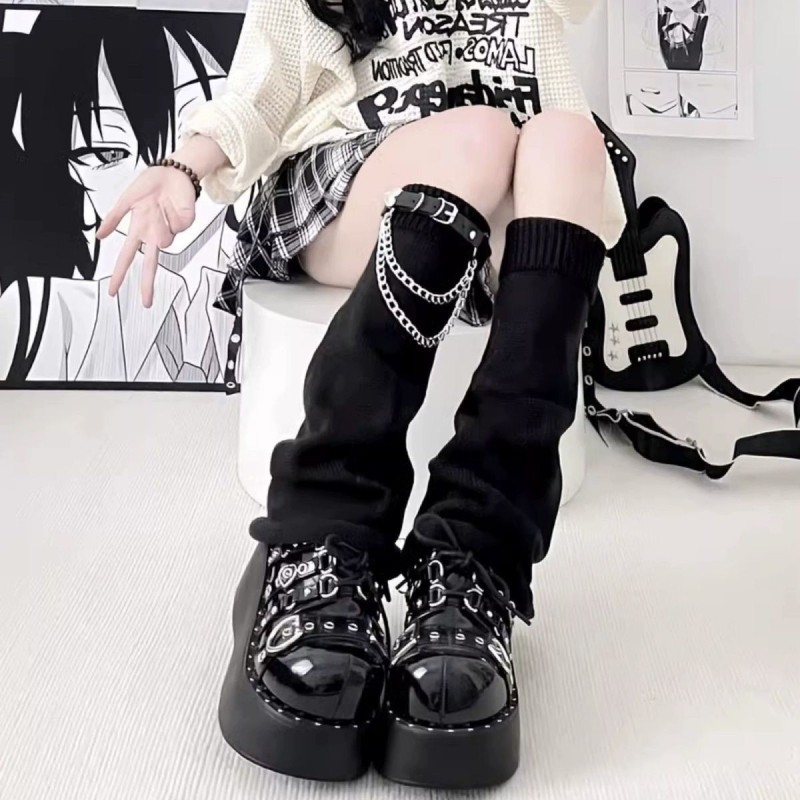 jk皮扣中筒堆堆袜套女黑亚比腿套辣妹y2k亚文化喇叭针织白色黑色