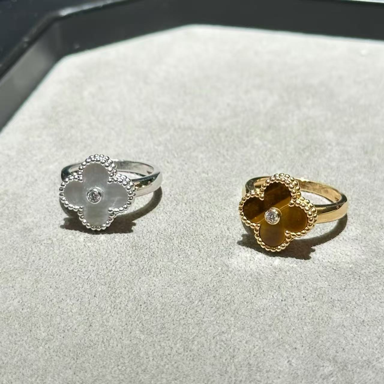 全新品质中钻四叶草戒指白贝母18k白金满钻边钻戒指万花筒虎眼红