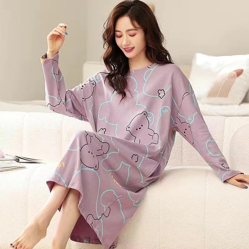 春秋冬季学生甜美睡裙女长款过膝长袖睡衣连衣裙日系家居服印花