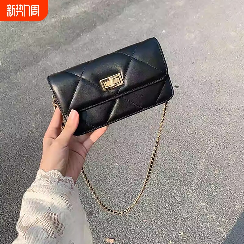 新款小香风黑色小方包女高级感手机包迷你小包单肩斜挎菱格链条包