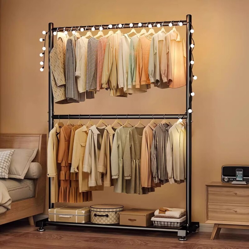 晾衣架落地简易衣帽架晒衣杆学生宿舍衣服架子家用双层挂衣阳台