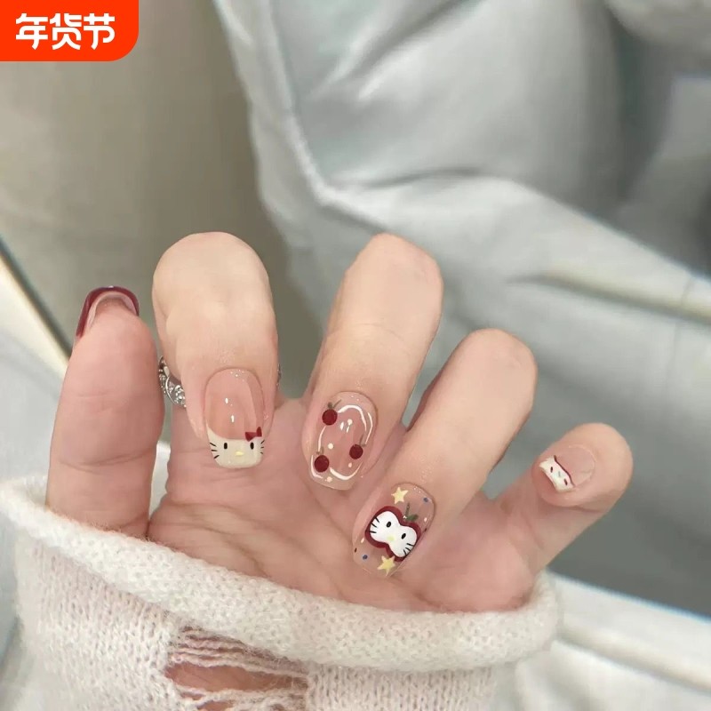 苹果kitty显白儿童穿戴甲美甲短甲片手工ins法式新年黑皮甜妹简约,彩妆/香水/美妆工具,穿戴甲/甲片,淘宝优惠券,粉丝福利购,淘宝优惠卷