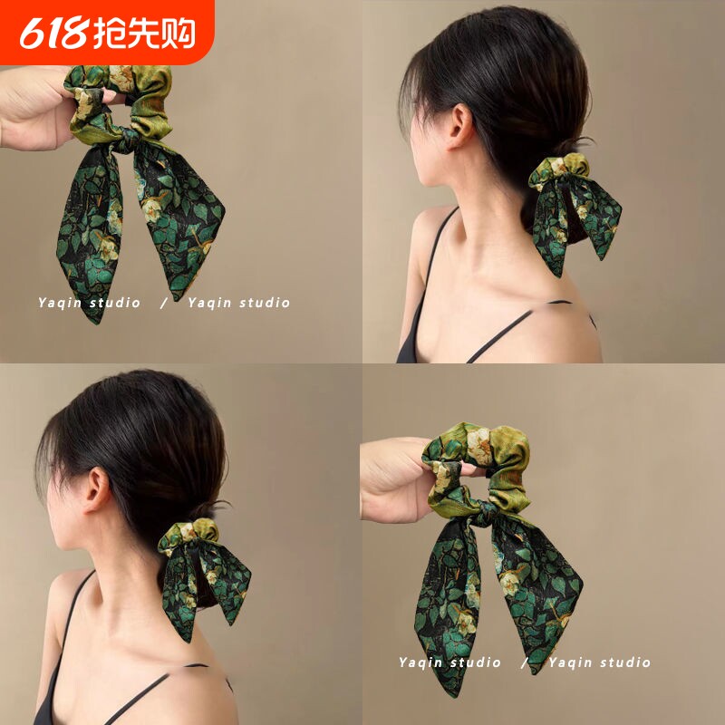 新款头绳发带发圈皮筋发绳星空缎面油画发饰女大肠野玫瑰梵高飘带