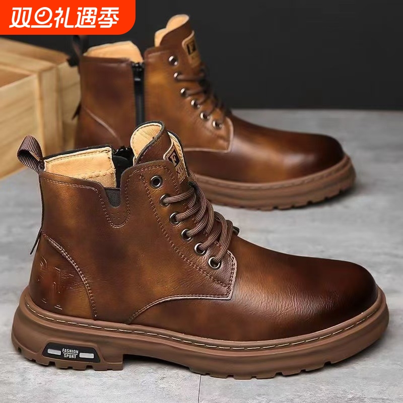 马丁靴男款冬季加绒棉鞋英伦风男士工装机车靴防滑中筒加棉高帮