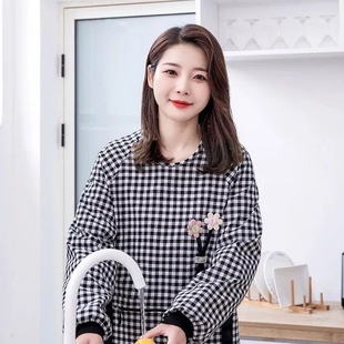 厨房做饭家用罩衣长袖棉布提花上班工作衣服冬天拉链兜围裙女