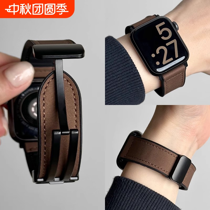 新款疯马皮硅胶磁吸iwatch10表带适用苹果手表applewatch运动9透气8真皮皮质ultra秋冬男款小众s9女款s10潮