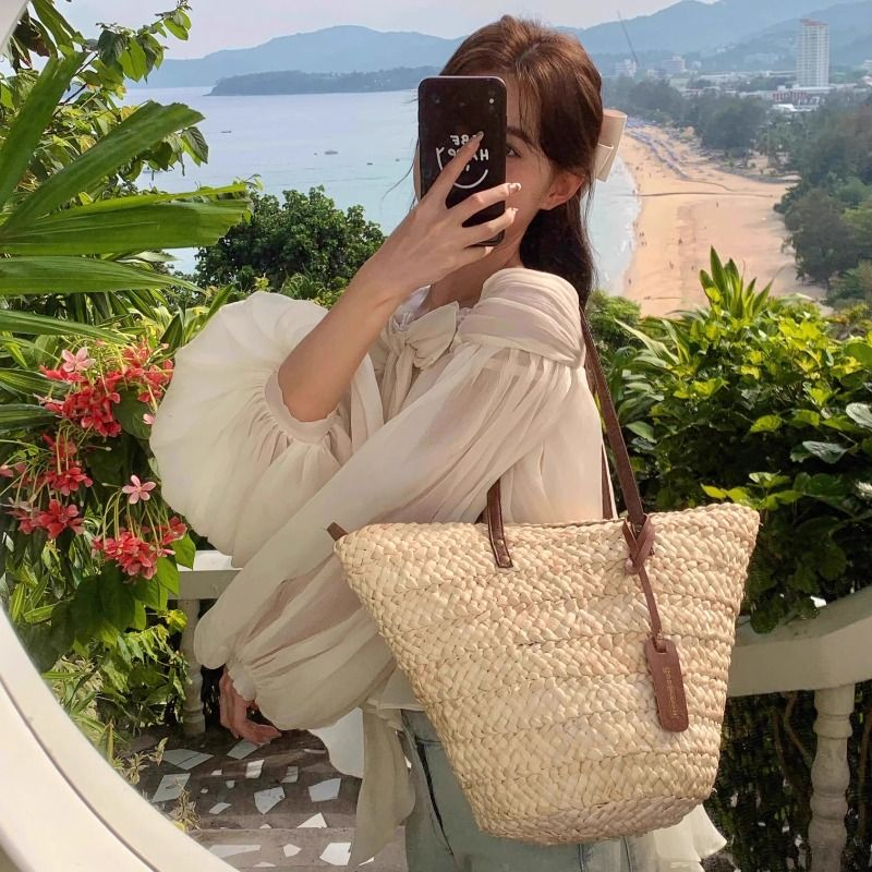 韩国夏天大容量手工草编包女海边小众单肩草包编织包法式度假包包