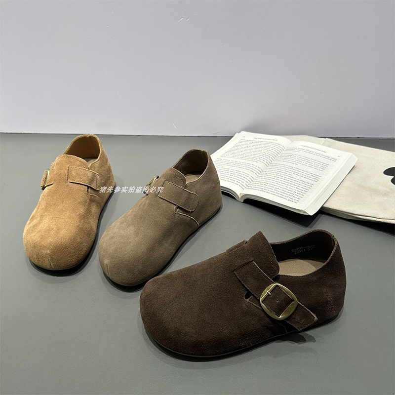 米家厚底真皮勃肯鞋女2025秋冬新款内增高一脚蹬皮带扣加绒卡其色