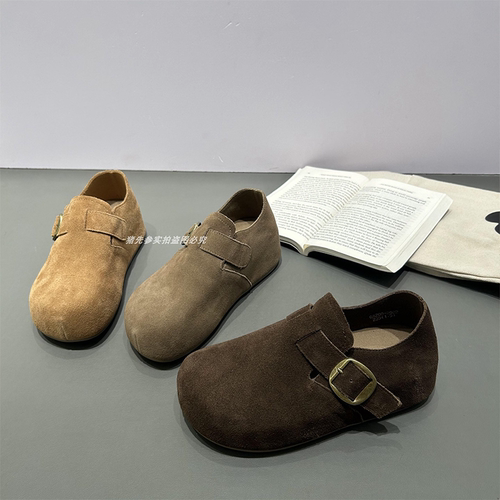 米家厚底真皮勃肯鞋女2025秋冬新款内增高一脚蹬皮带扣加绒卡其色