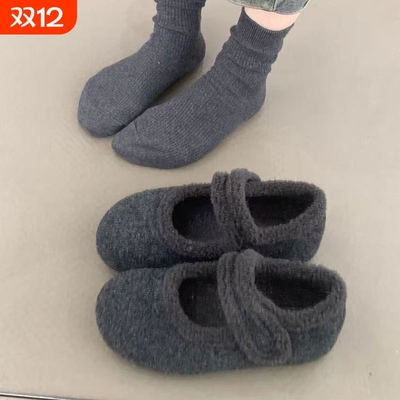 内增高厚底勃肯鞋女加绒灰色玛丽珍毛毛鞋女冬外穿呢子棉鞋子浅口