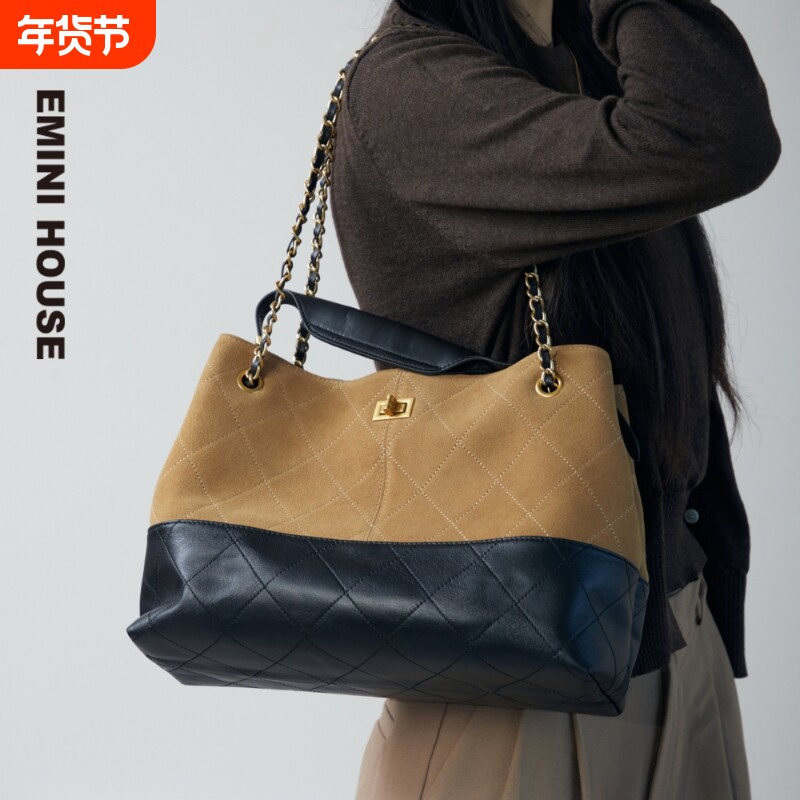 伊米妮复古麂皮拼接羊皮手提通勤百搭单肩腋下包小香风菱格链条包