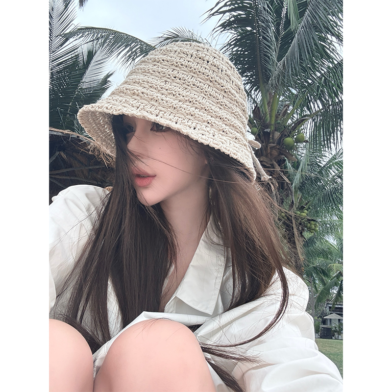 Chill巧儿【素颜美女法】编织镂空开叉防晒渔夫帽度假风草帽子