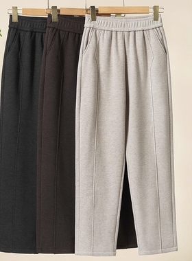 妈妈裤子春秋冬季加绒加厚宽松外穿松紧高腰直筒长裤中老年人女裤