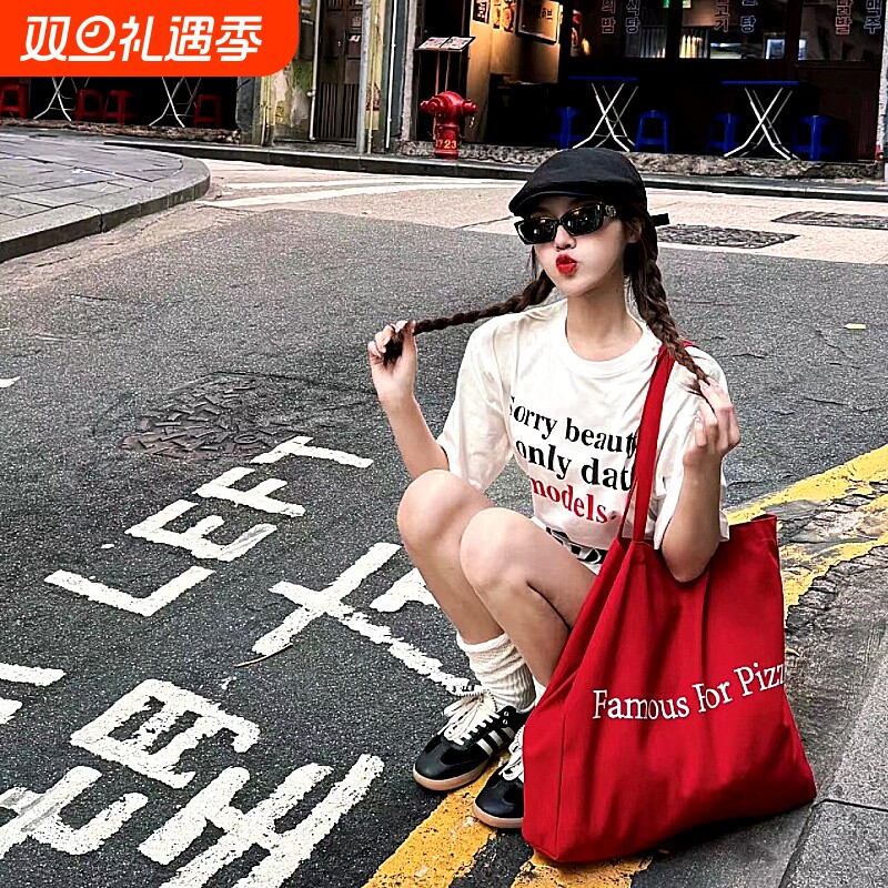 夏天帆布包韩系慵懒风松弛红色文艺设计感小众感女2025新款高级感