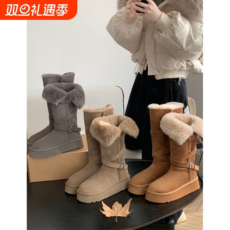 厚底加绒保暖高筒长筒鞋加厚雪地靴女2025新款冬季棉鞋灰色内增高