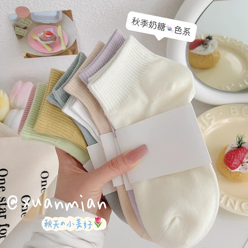 糖果色袜子女款春秋款防臭透气中筒袜无骨抗起球日系学生运动短袜