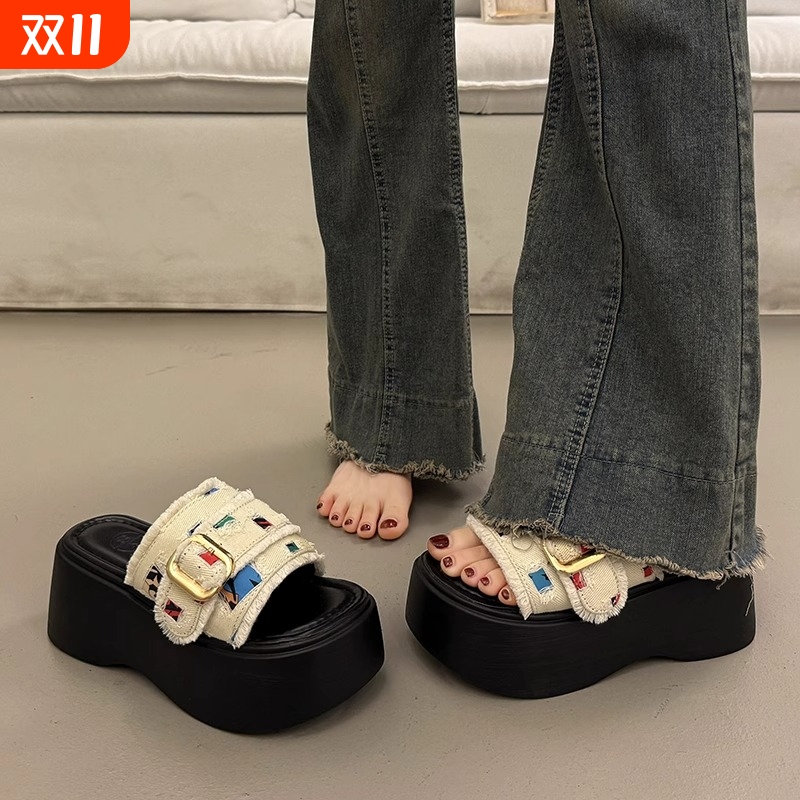 绝美厚底增高凉拖鞋女夏季外穿高级感2025新款法式配裙子坡跟拖鞋