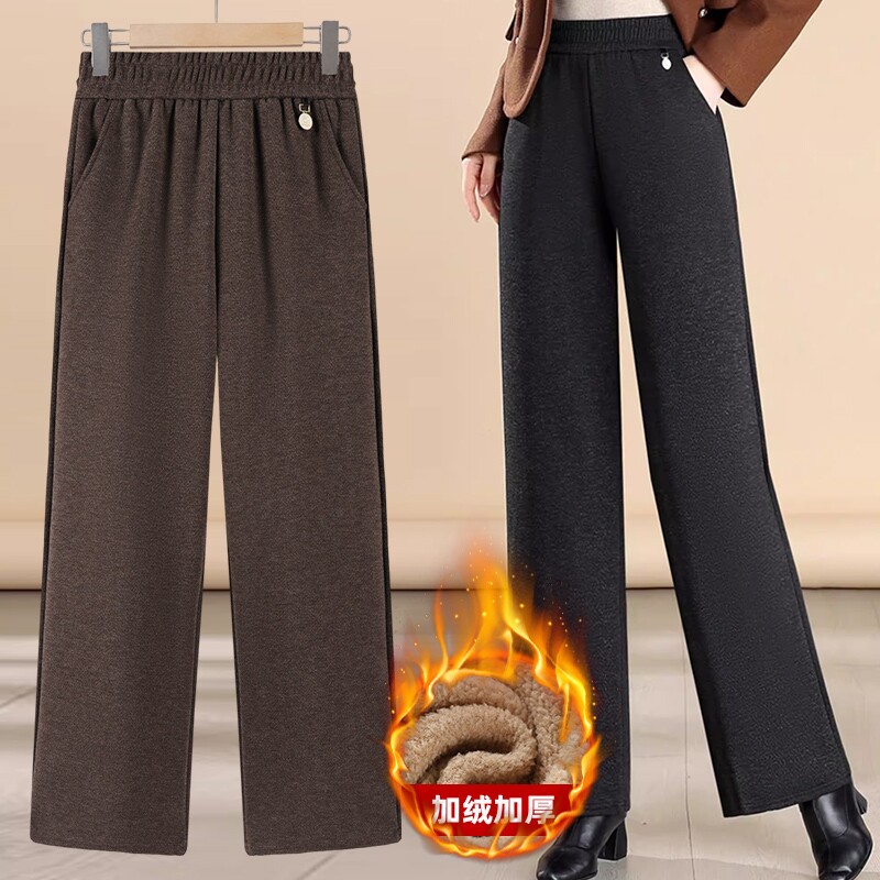 妈妈裤子秋冬毛呢休闲阔腿裤加绒加厚中老年女裤奶奶直筒春秋长裤