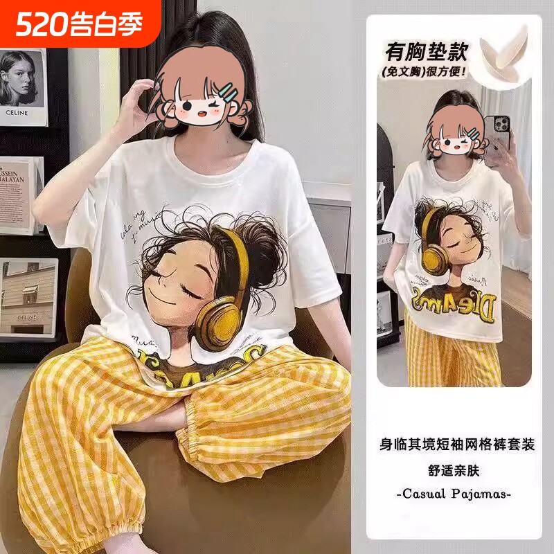 带胸垫睡衣女款2026新款夏季短袖长裤外穿卡通耳机女孩家居服套装