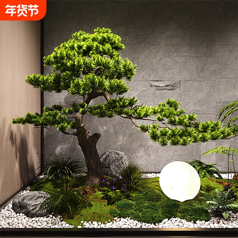 仿真迎客松造景大型假树植物室内玄关楼梯下中式装饰松树绿植景观