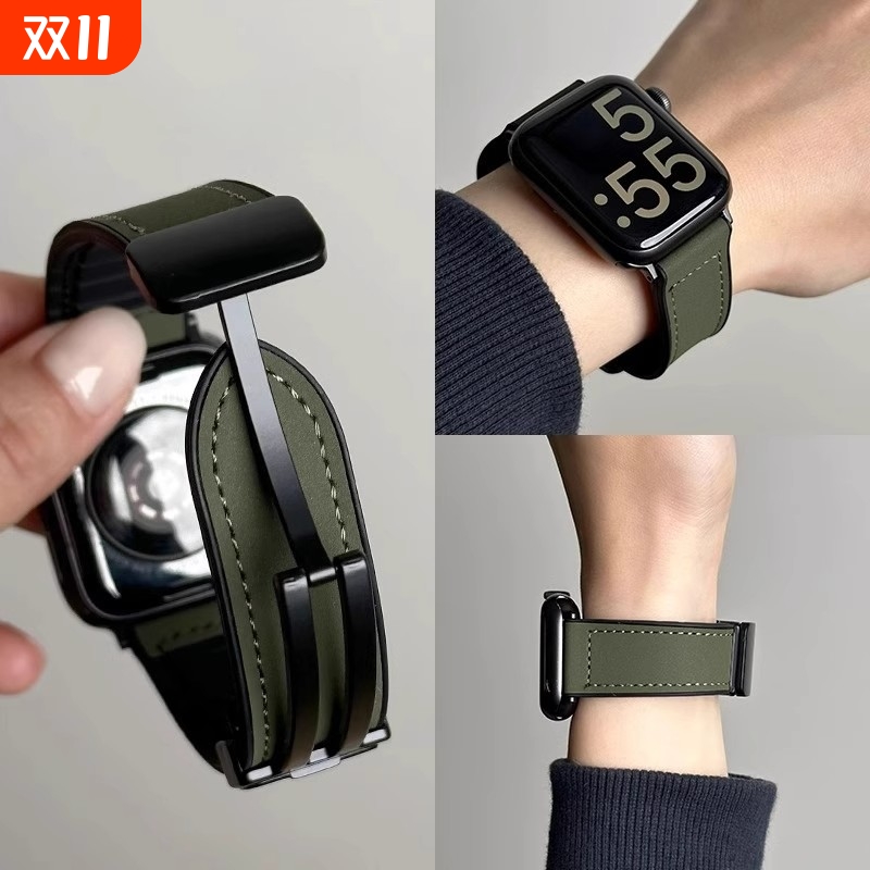 新款疯马皮硅胶磁吸iwatch表带适用苹果手表applewatch运动9透气8真皮ultra秋冬男款小众s10女款s8潮