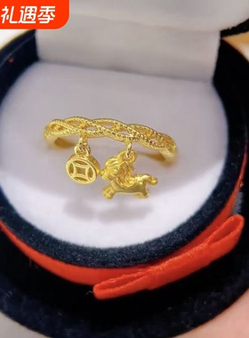 马上有钱金色招财小马钱币开口戒指女气质优雅时尚百搭高档食指戒