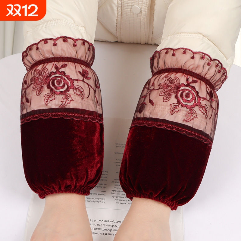 新款秋冬金丝绒短款袖套女士办公防脏袖筒韩版蕾丝拼接羽绒服护袖