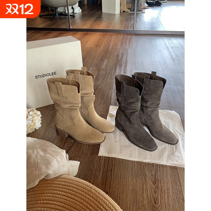 葡萄妈studiolee 增高8cm~圆头V口粗跟厚底显瘦大筒围堆堆短靴女