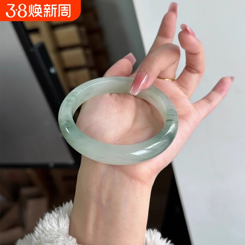 纯天然新疆天山翠手镯雪翠玉镯女款飘花金丝玉正品玉石圆条平安镯