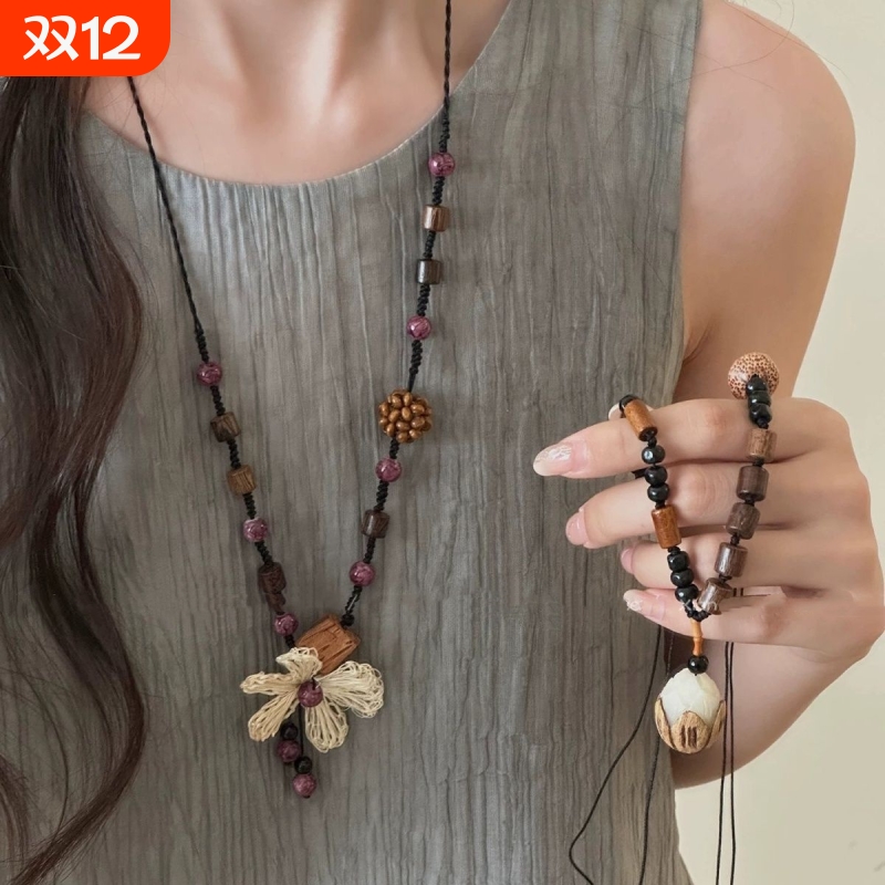 新中式复古花朵抽绳项链女2025新款高级感民族风长款毛衣链配饰品