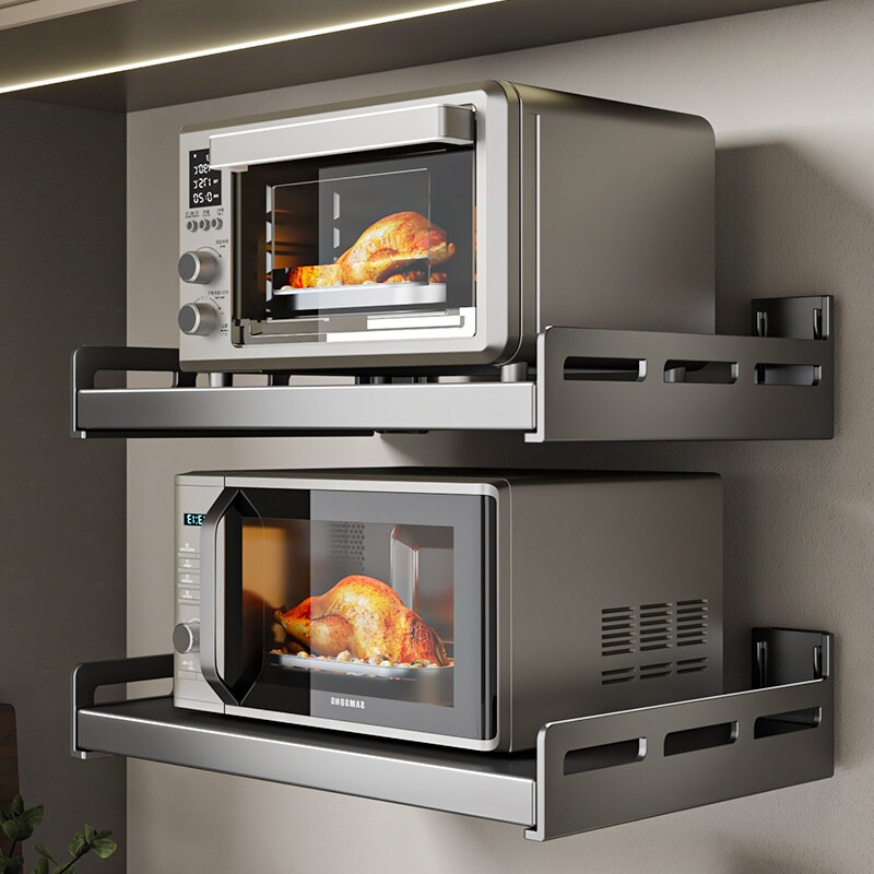 厨房微波炉置物架壁挂式免打孔多功能墙上电饭煲碗碟收纳架子神器
