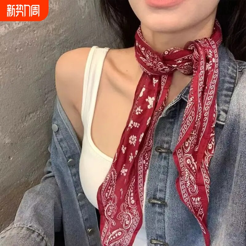复古三角腰果花低马尾绑发飘带丝巾女款高级感时尚红色领巾