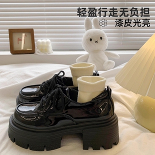 粗跟英伦风单鞋 新款 子日系圆头网纱系带 女2024春秋夏季 厚底小皮鞋