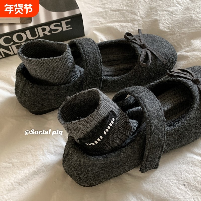 冬日的单鞋～miu系甜心~蝴蝶结平底玛丽珍加绒毛毛鞋单鞋女芭蕾鞋,女鞋,浅口单鞋,淘宝优惠券,粉丝福利购,淘宝优惠卷