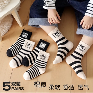 儿童袜子男童秋冬条纹中筒袜女童婴儿吸汗透气棉袜学生运动长筒袜